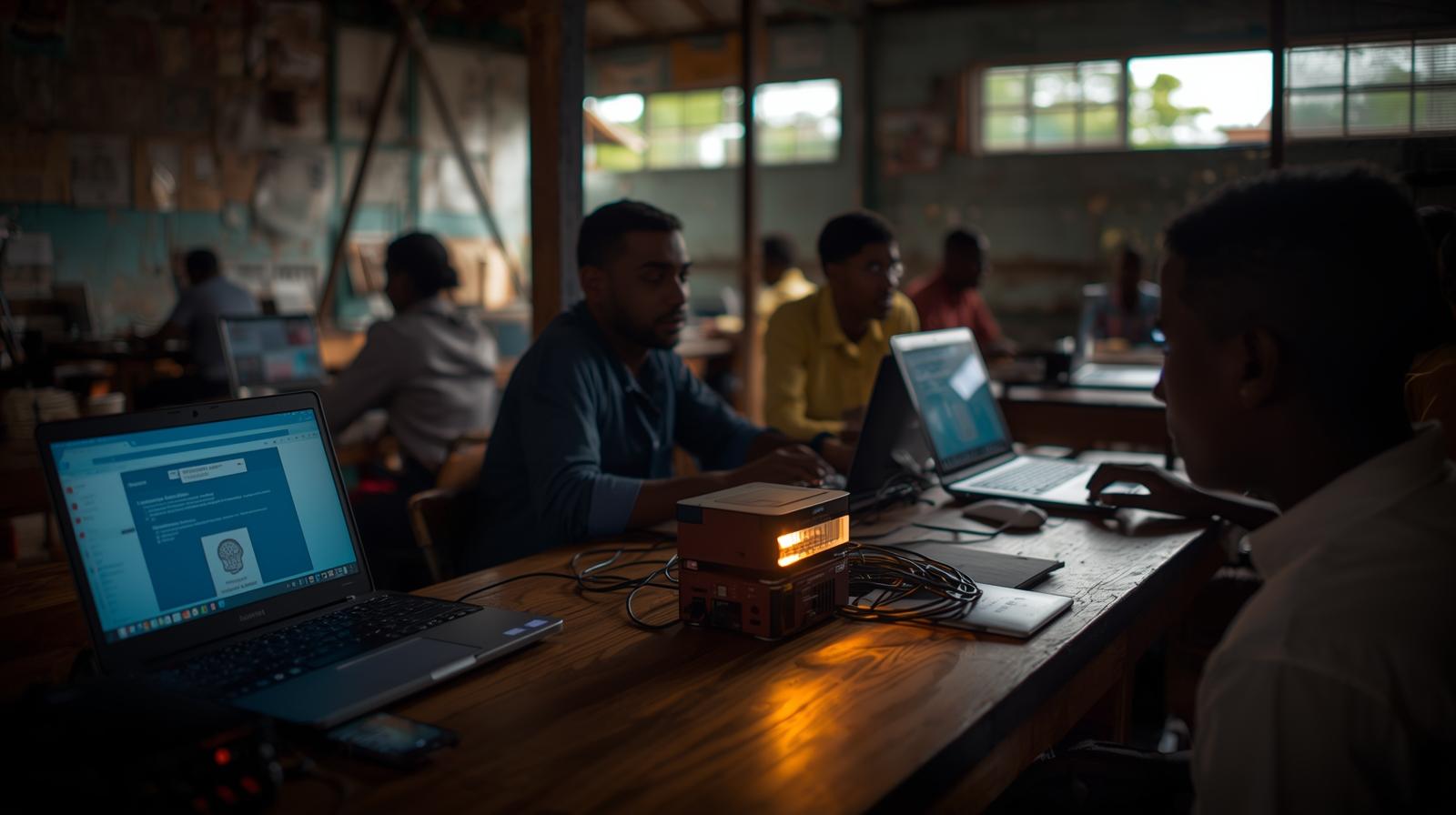 A modest office or community hub in a developing country where a small team uses affordable laptops and local servers running lightw (1)