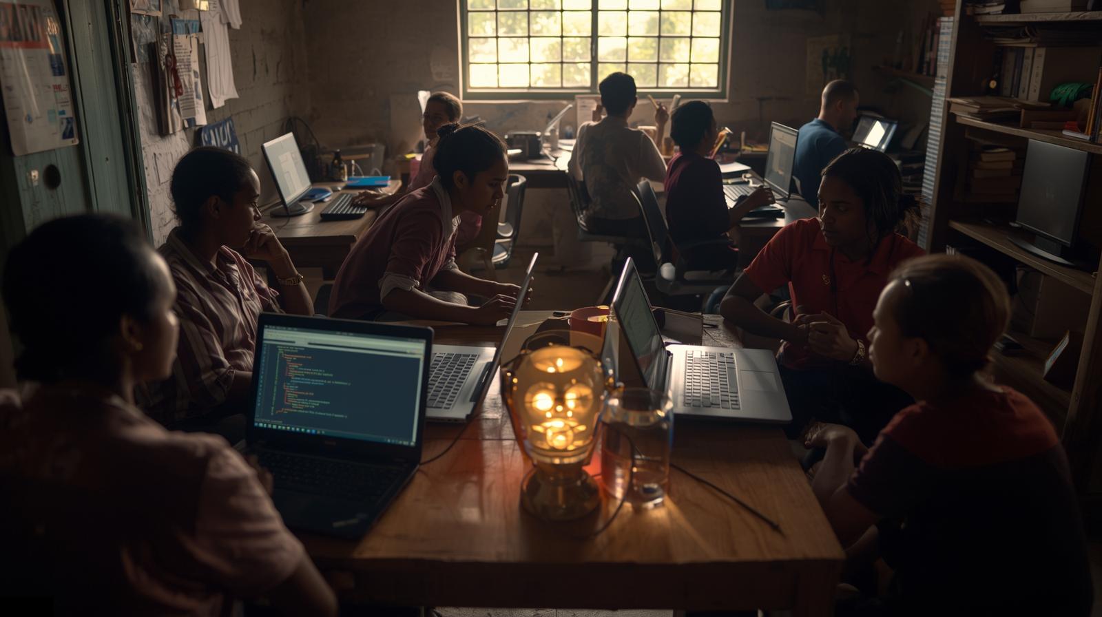 A modest office or community hub in a developing country where a small team uses affordable laptops and local servers running lightw (2)