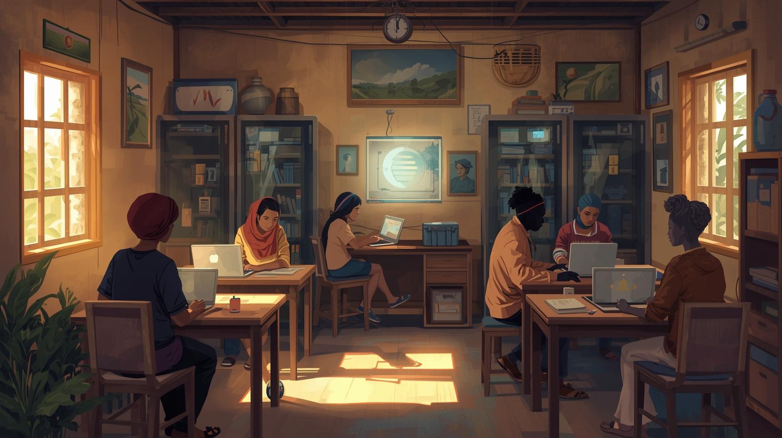 A modest office or community hub in a developing country where a small team uses affordable laptops and local servers running lightw (4)