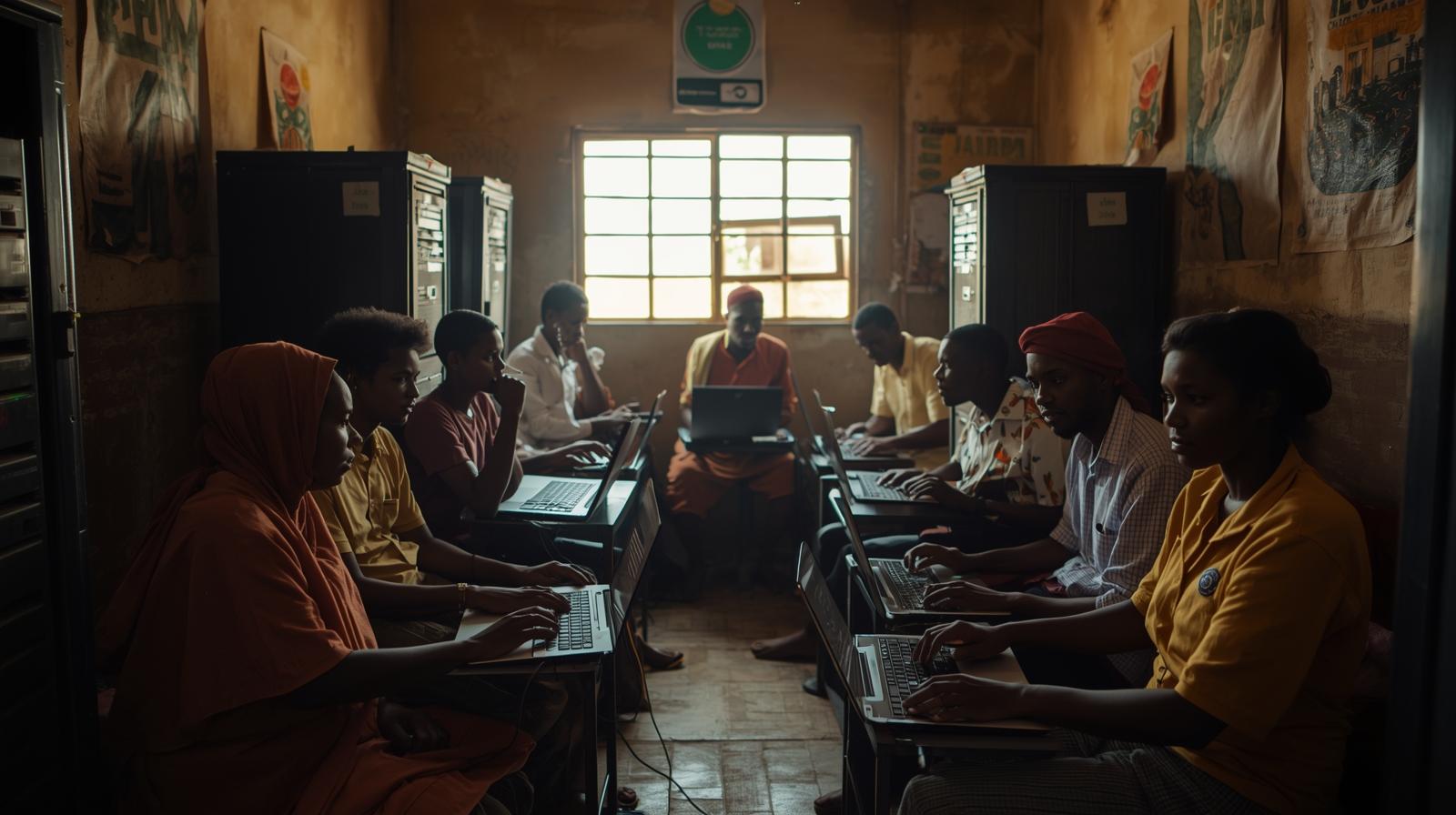 A modest office or community hub in a developing country where a small team uses affordable laptops and local servers running lightweigh