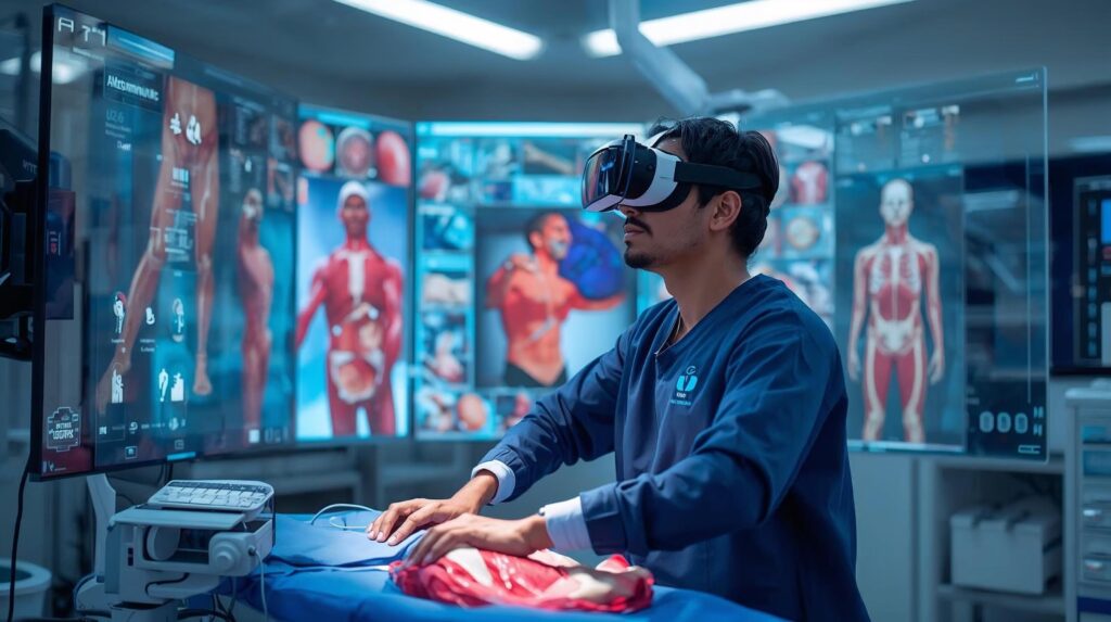A Hispanic male trainee surgeon practices in a photorealistic virtual reality simulation, surrounded by augmented anatomical overlays displaying detailed, hyper-real clarity. The scene is set in a clean, cutting-edge medical training environment with a sleek, futuristic aesthetic.